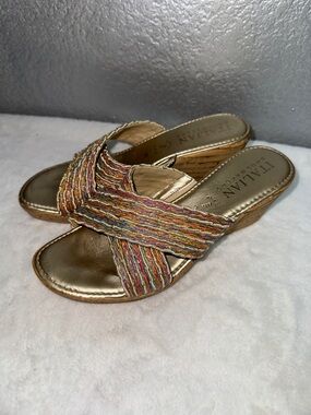 Italian Shoemakers Metallic Gold Multicolor Woven Mule Sandals